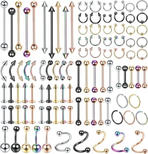 100PCS Piercing Kit Jewelry 14G 16G 20G Nose Rings Lip Studs Tongue Rings Stainless Steel Cartilage Earrings Tragus Eyebrow Industrial Barbell Belly Rings Body Piercing Kit Jewelry