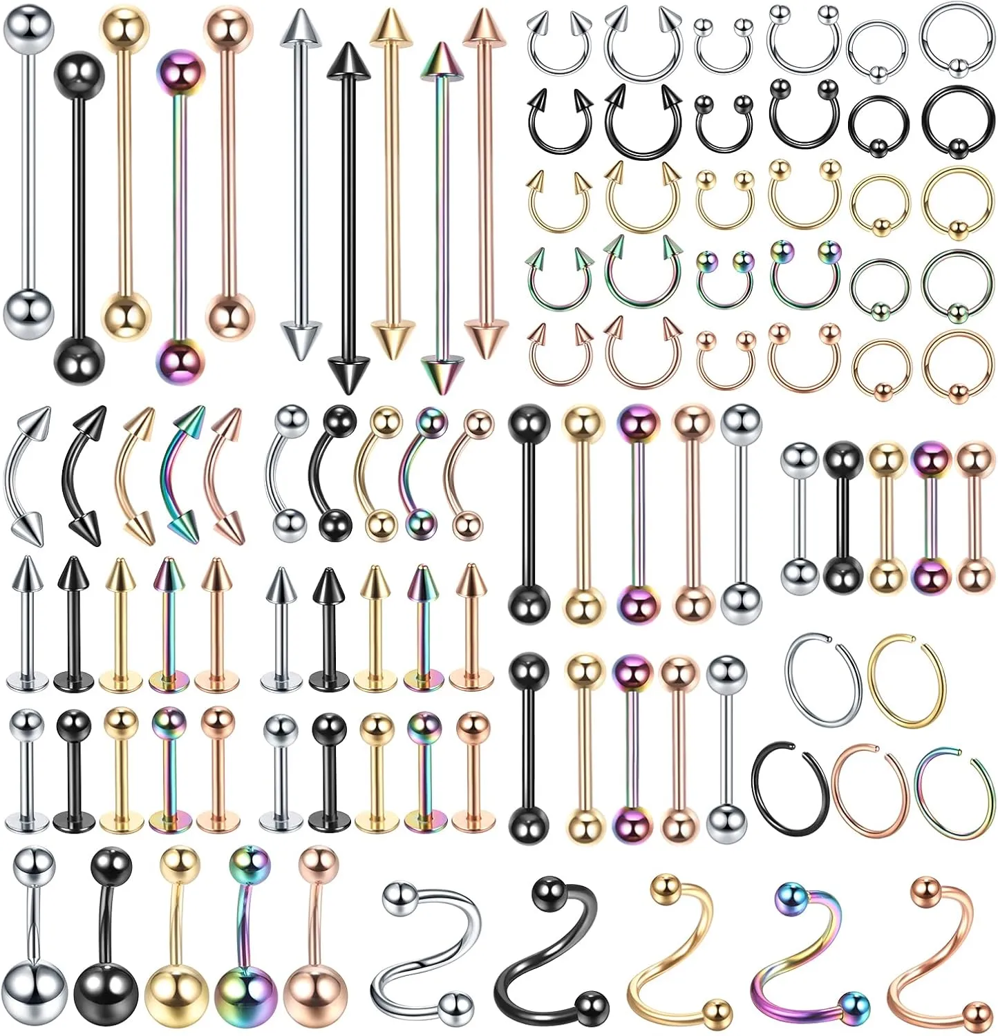 100PCS Piercing Kit Jewelry 14G 16G 20G Nose Rings Lip Studs Tongue Rings Stainless Steel Cartilage Earrings Tragus Eyebrow Industrial Barbell Belly Rings Body Piercing Kit Jewelry