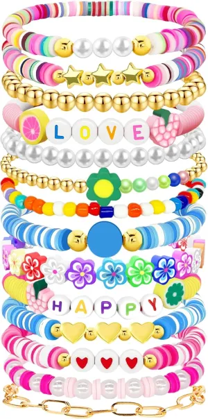 14 Pcs Preppy Friendship Bracelets Set Gifts for Teen Girls 12 14 16 18 13 15 Year Old Colorful Beaded Charm Boho Jewelry for Women Valentine's Day Christmas Birthday Gifts Idears