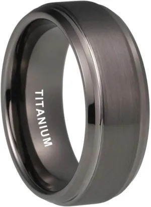 8mm Silver/Black/Gunmetal Titanium Rings for Men Women Engagement Wedding Bands Matte Finish Stepped Beveled Edges Comfort Fit