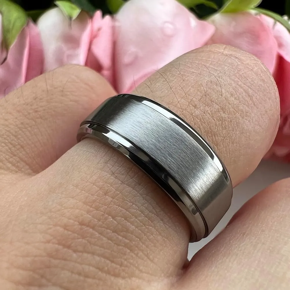 8mm Silver/Black/Gunmetal Titanium Rings for Men Women Engagement Wedding Bands Matte Finish Stepped Beveled Edges Comfort Fit