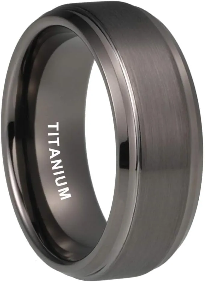 8mm Silver/Black/Gunmetal Titanium Rings for Men Women Engagement Wedding Bands Matte Finish Stepped Beveled Edges Comfort Fit