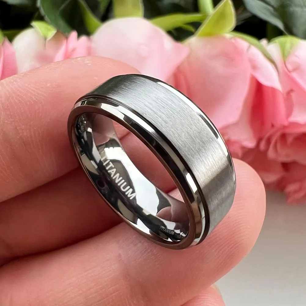 8mm Silver/Black/Gunmetal Titanium Rings for Men Women Engagement Wedding Bands Matte Finish Stepped Beveled Edges Comfort Fit