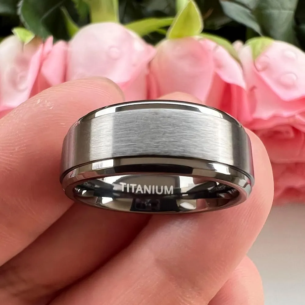8mm Silver/Black/Gunmetal Titanium Rings for Men Women Engagement Wedding Bands Matte Finish Stepped Beveled Edges Comfort Fit