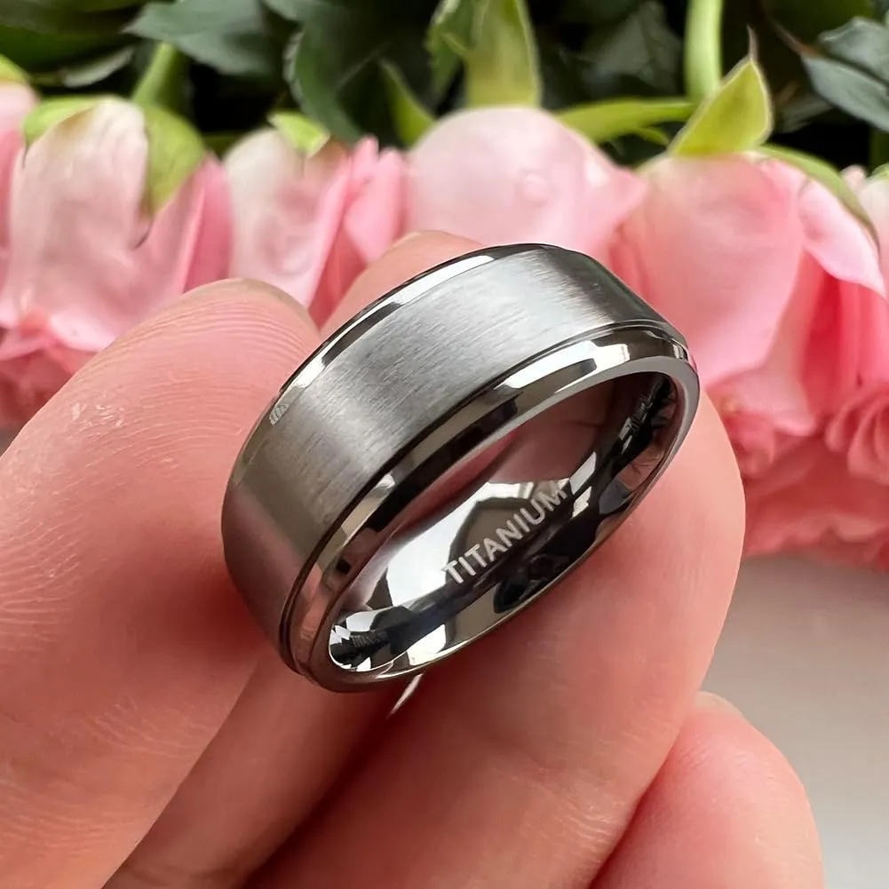 8mm Silver/Black/Gunmetal Titanium Rings for Men Women Engagement Wedding Bands Matte Finish Stepped Beveled Edges Comfort Fit