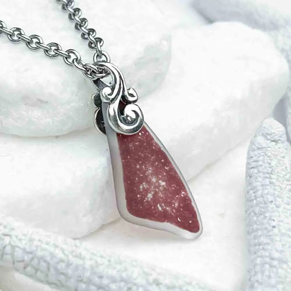 Dark Raspberry Pink Flash Glass Sea Glass Pendant | #5147
