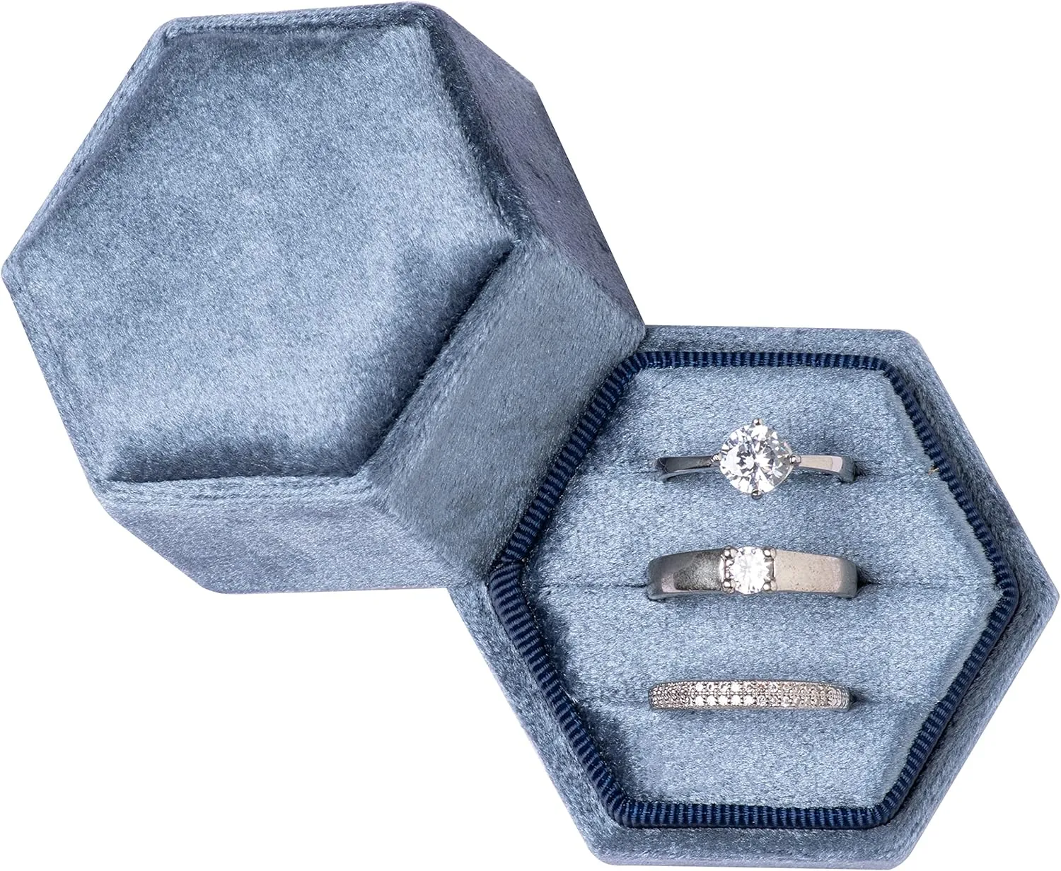 Equal Hexagon Velvet Ring Box Storage 3 Slots for Wedding Ceremony Proposal Engagement Birthday (Vintage Blue)