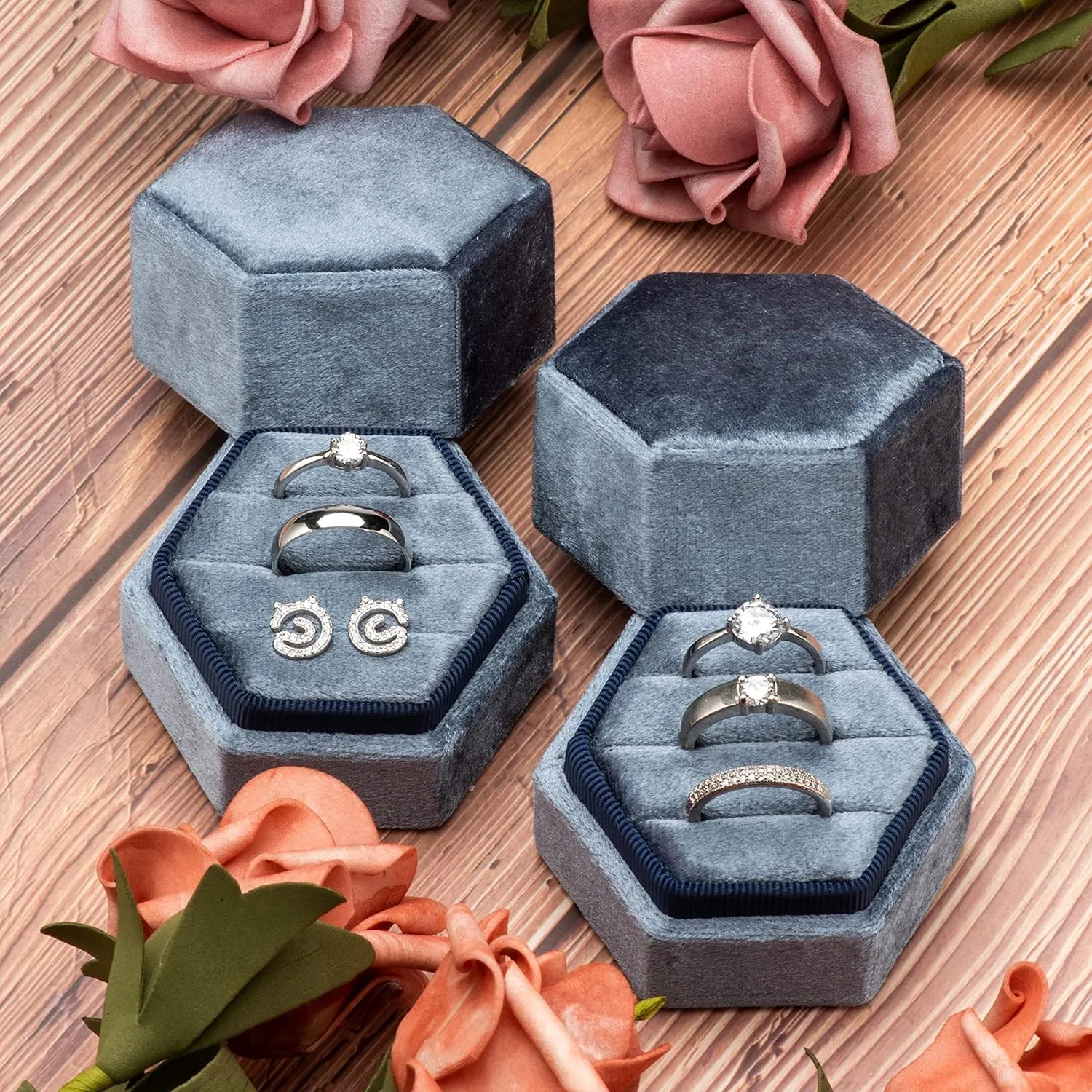 Equal Hexagon Velvet Ring Box Storage 3 Slots for Wedding Ceremony Proposal Engagement Birthday (Vintage Blue)