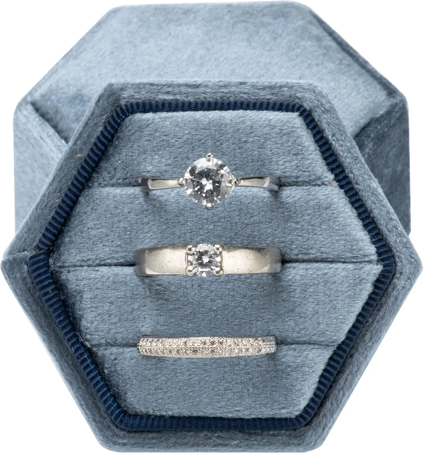 Equal Hexagon Velvet Ring Box Storage 3 Slots for Wedding Ceremony Proposal Engagement Birthday (Vintage Blue)