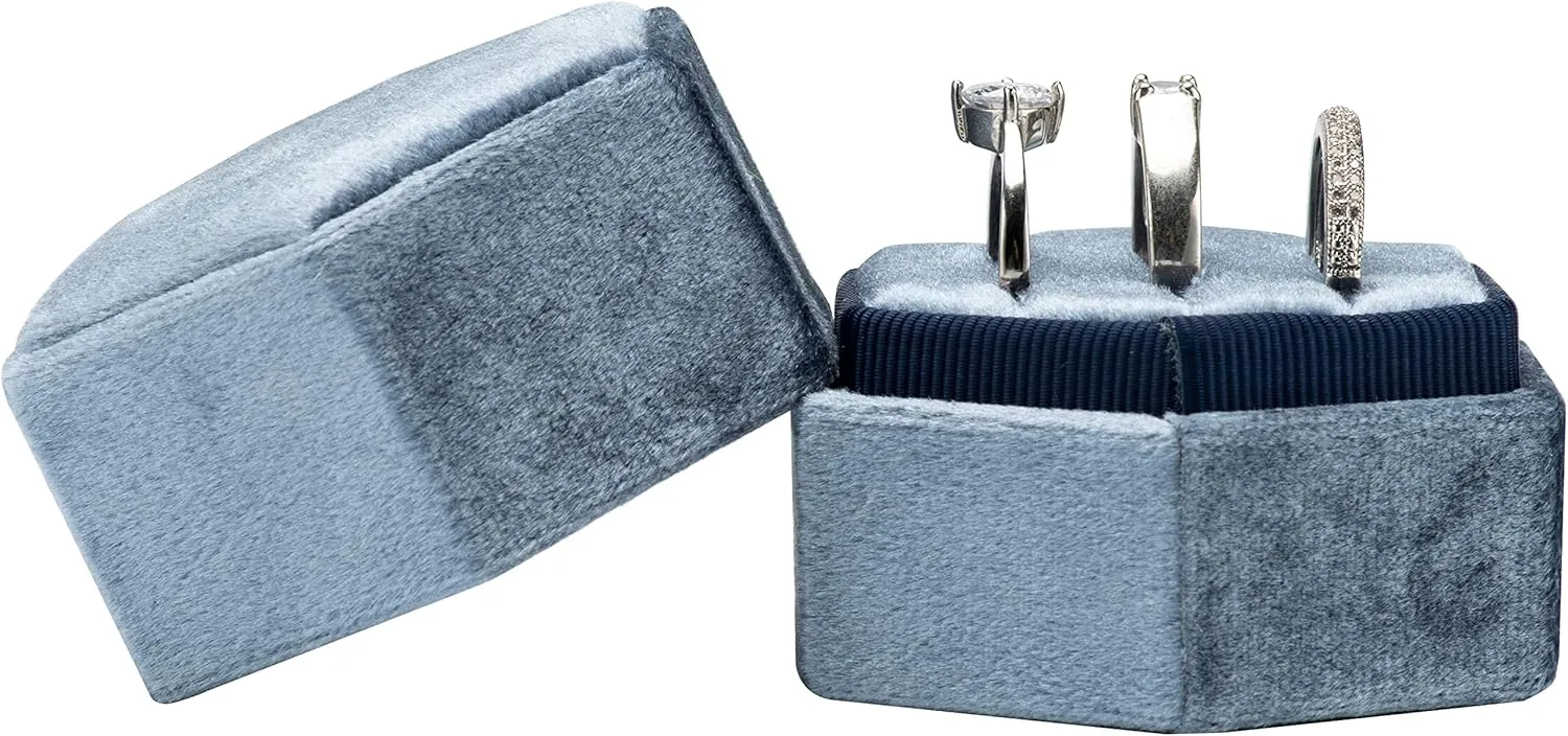 Equal Hexagon Velvet Ring Box Storage 3 Slots for Wedding Ceremony Proposal Engagement Birthday (Vintage Blue)