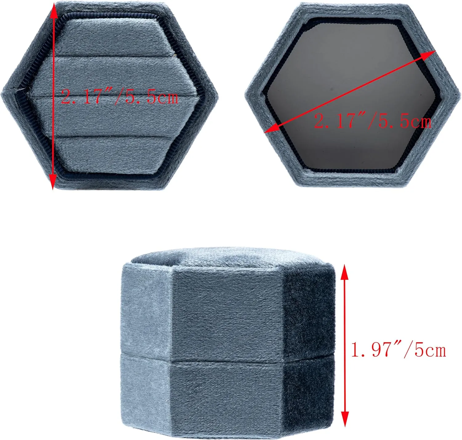 Equal Hexagon Velvet Ring Box Storage 3 Slots for Wedding Ceremony Proposal Engagement Birthday (Vintage Blue)