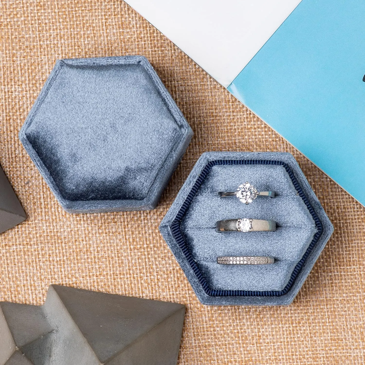 Equal Hexagon Velvet Ring Box Storage 3 Slots for Wedding Ceremony Proposal Engagement Birthday (Vintage Blue)