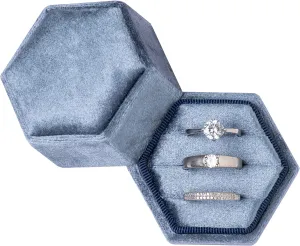 Equal Hexagon Velvet Ring Box Storage 3 Slots for Wedding Ceremony Proposal Engagement Birthday (Vintage Blue)