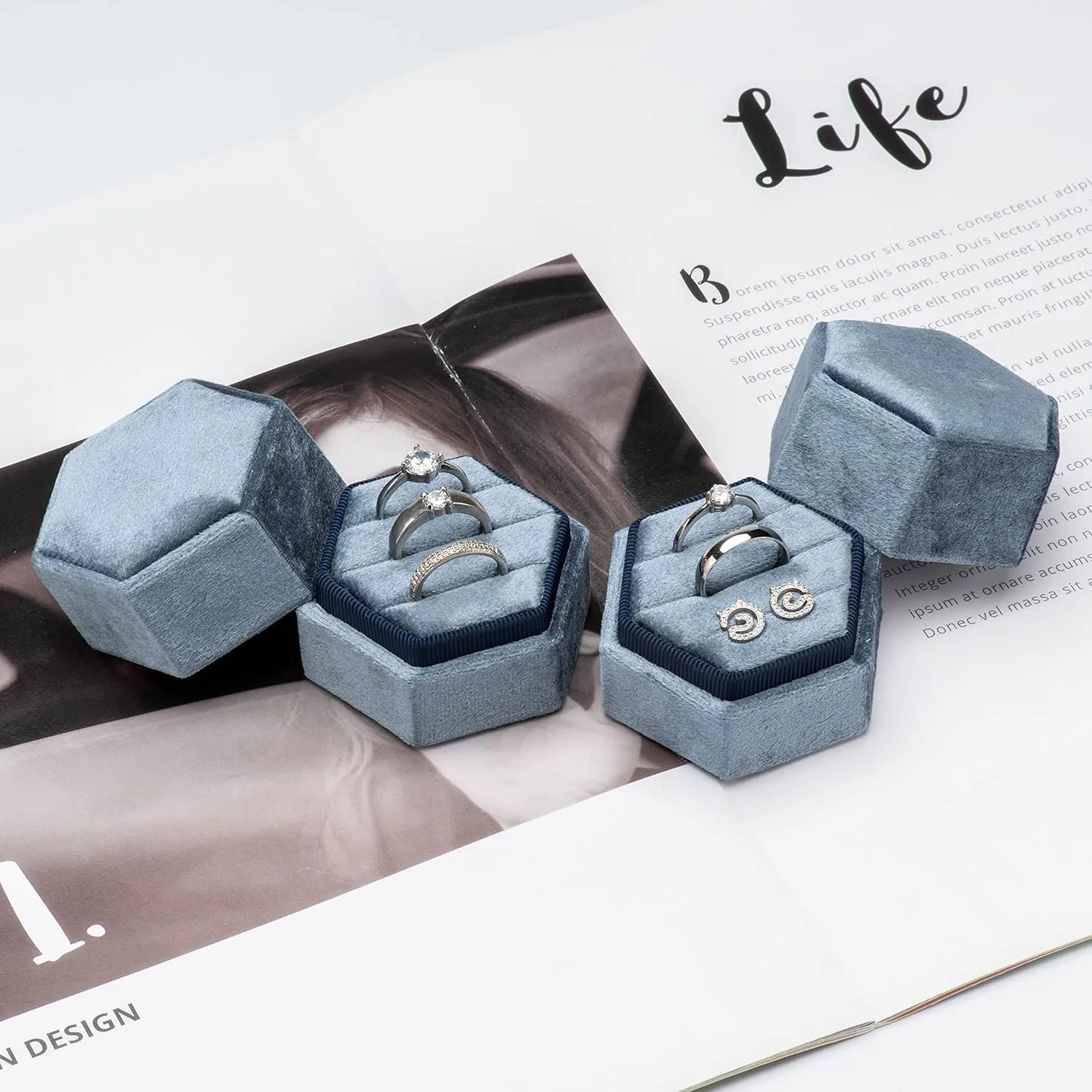 Equal Hexagon Velvet Ring Box Storage 3 Slots for Wedding Ceremony Proposal Engagement Birthday (Vintage Blue)
