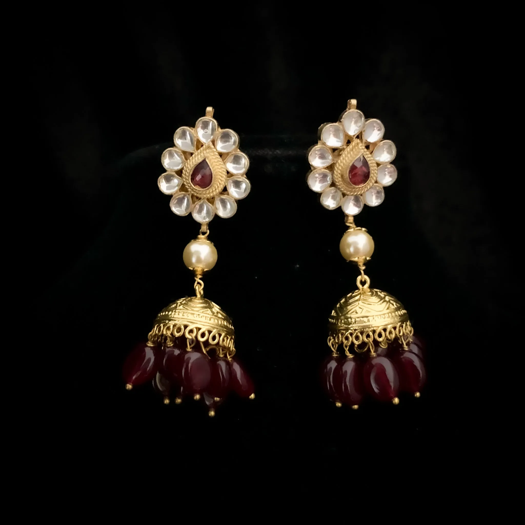 Handmade Royal Polki Kundan Necklace with Maroon red Agate Nugget Beads with Jhumka