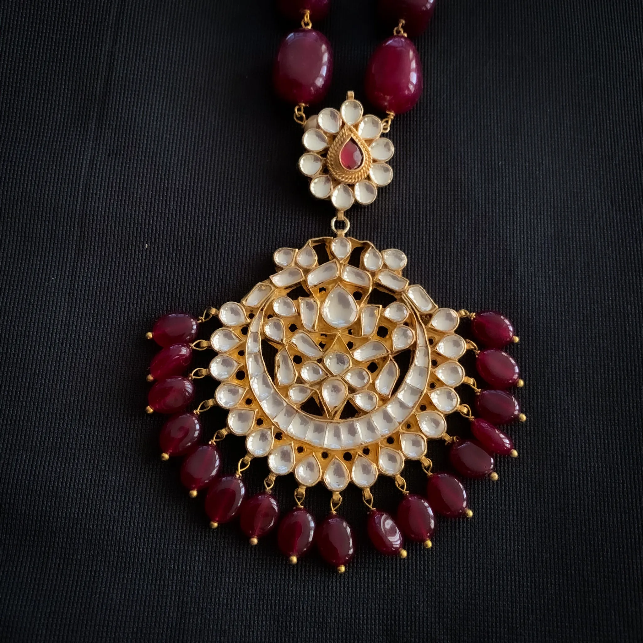 Handmade Royal Polki Kundan Necklace with Maroon red Agate Nugget Beads with Jhumka
