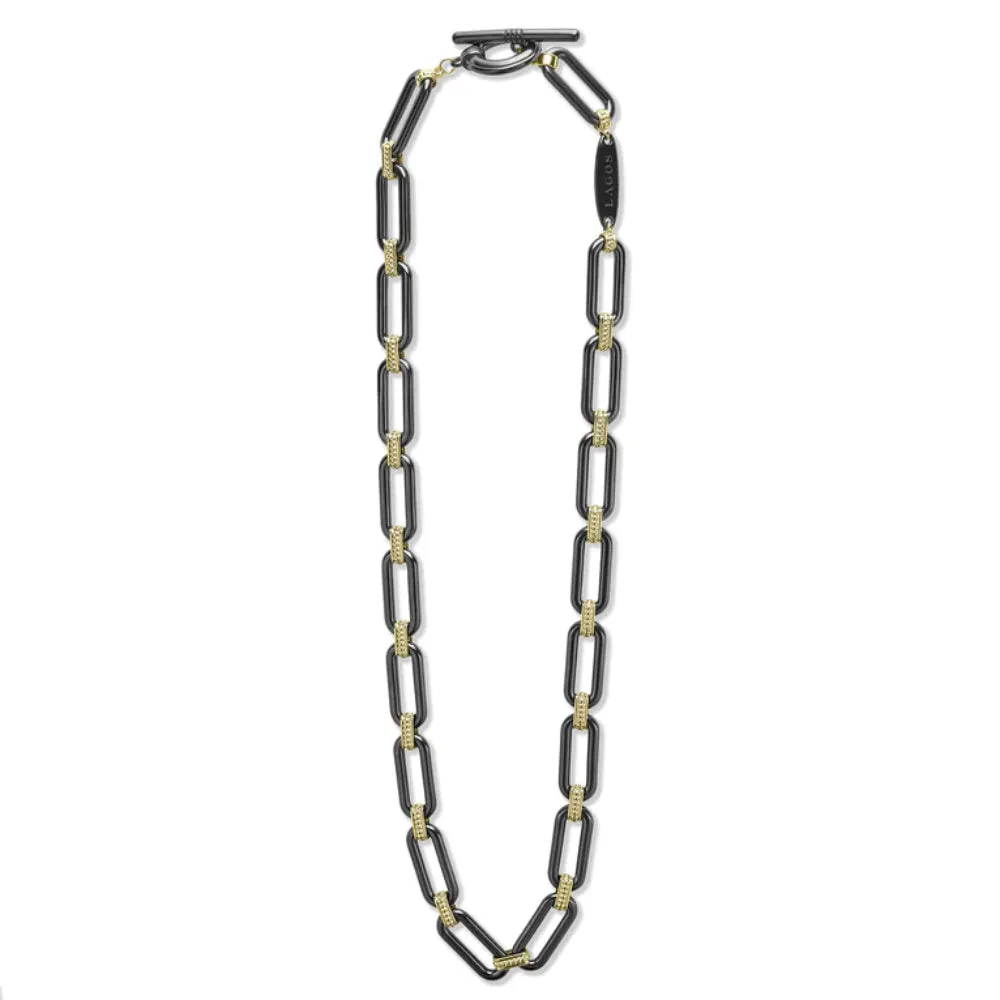 Luxurious Lagos 18K Gold and Black Ceramic Link Necklace with Elegant Design