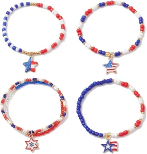 LiQunSweet 20 pcs 4 Styles Red Blue Independence Day Theme Alloy Glass Seed Bead Stretch Bracelet Star Celestial Bracelet for DIY Jewelry String Wrist Anklet Decoration