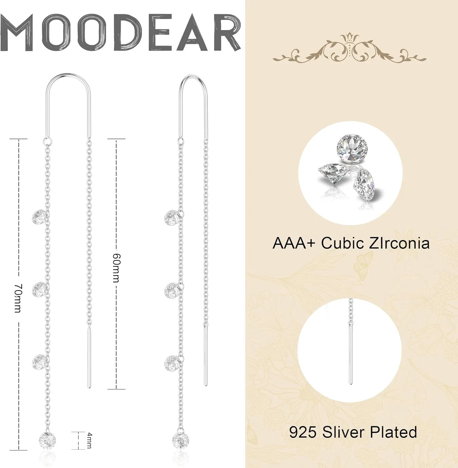 Moodear Dangle Earrings for Women - Dainty 14K Gold/Silver Plated Stack Long Drop Chain Earring Hypoallergenic Cubic Zirconia Hoop Stud Earrings Non Tarnish Trendy Jewelry Set