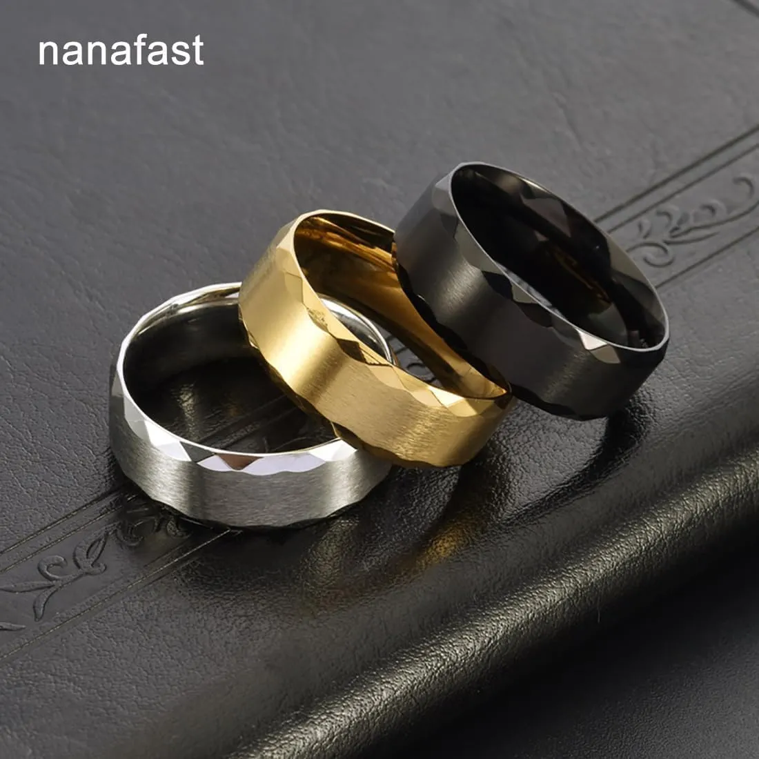Nanafast 3PCS Stainless Steel Rings for Men 8MM Wedding Ring Set Simple Mens Rings Band Gold/Black/Silver