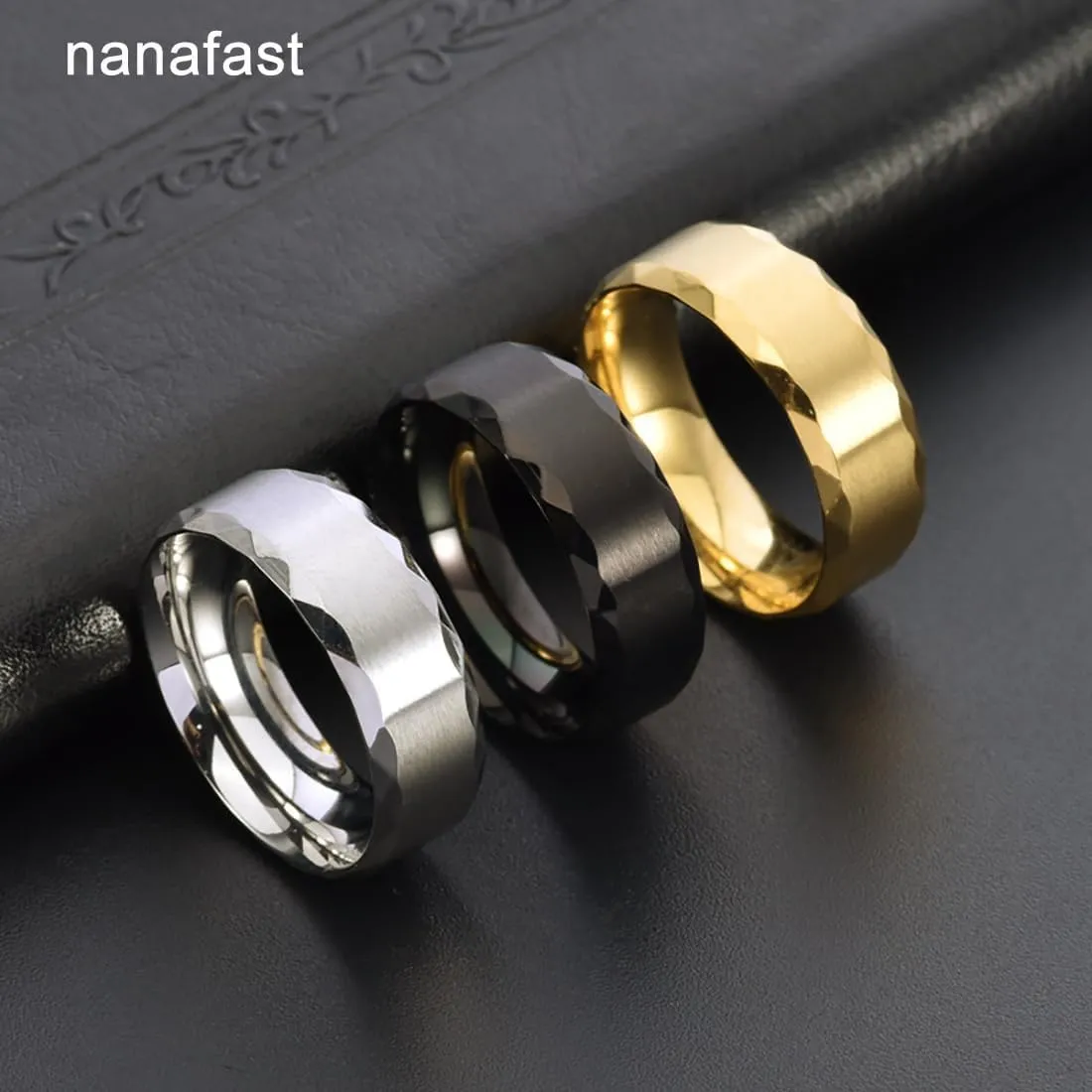Nanafast 3PCS Stainless Steel Rings for Men 8MM Wedding Ring Set Simple Mens Rings Band Gold/Black/Silver