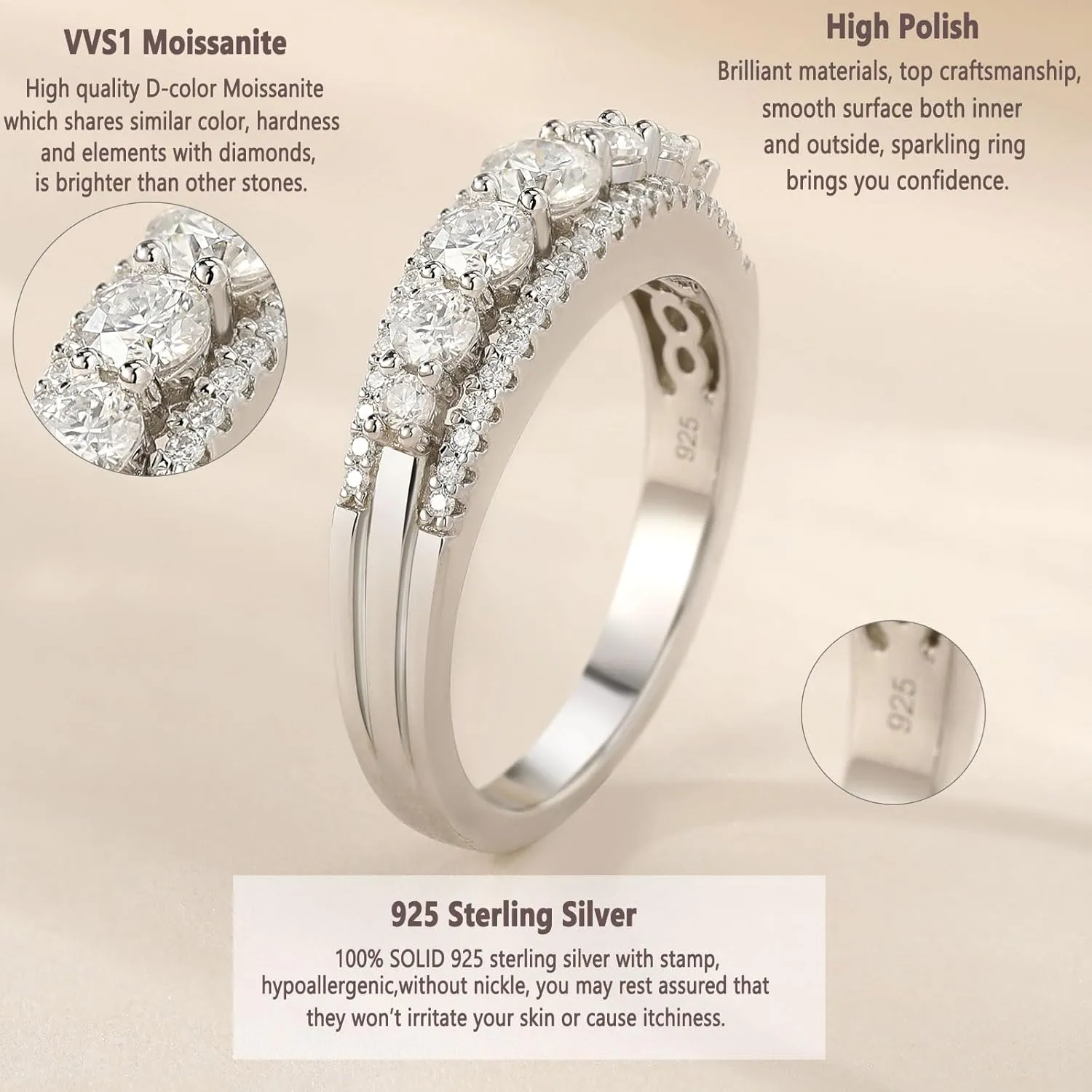 Newshe Jewellery Moissanite Wedding Bands for Women Eternity Ring 925 Sterling Silver Engagement Anniversary Stacking Size 5-10
