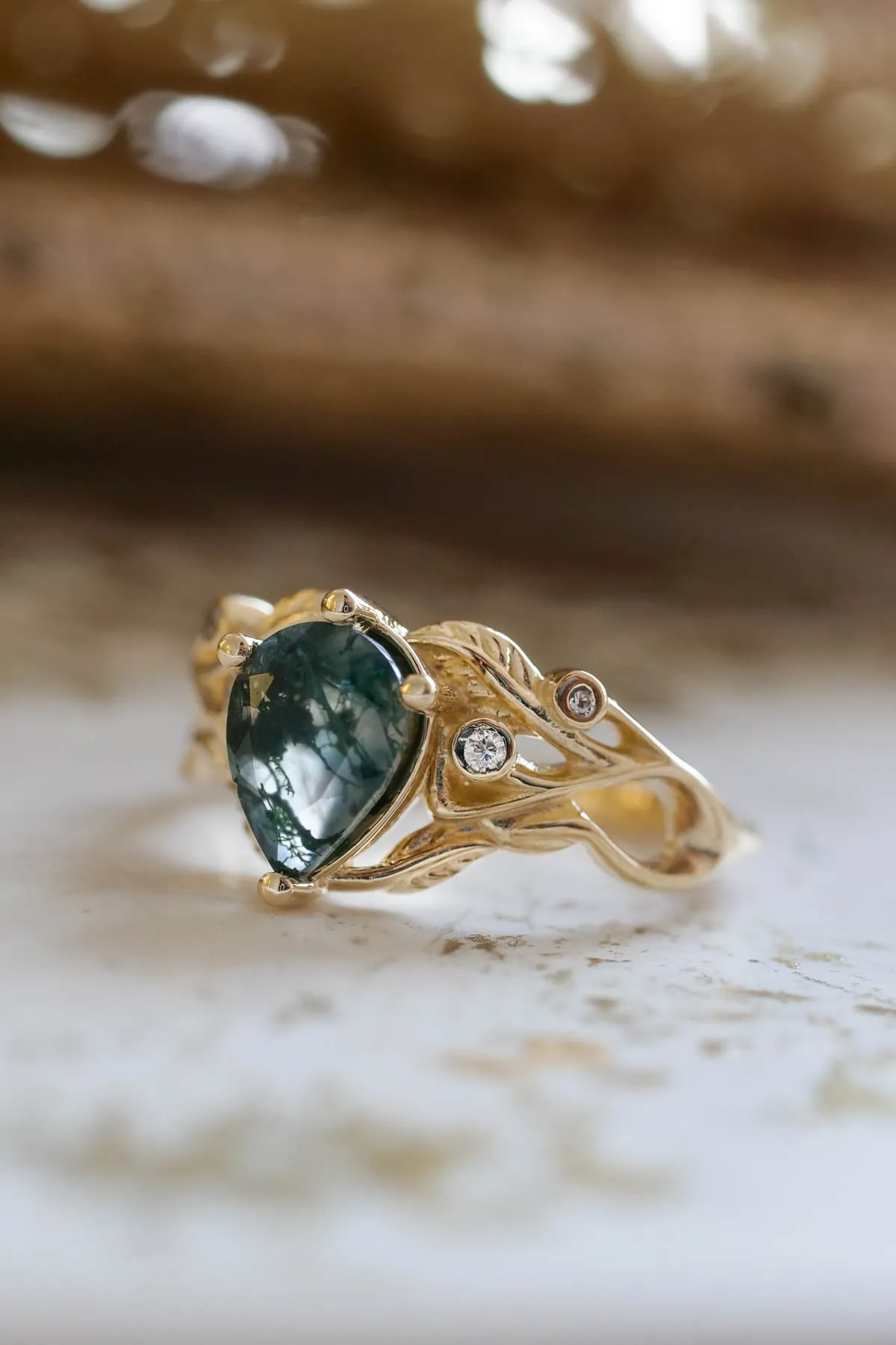READY TO SHIP: Callisto in 14K yellow gold, pear moss agate 8x6 mm, moissanites, RING SIZE 5.75 US