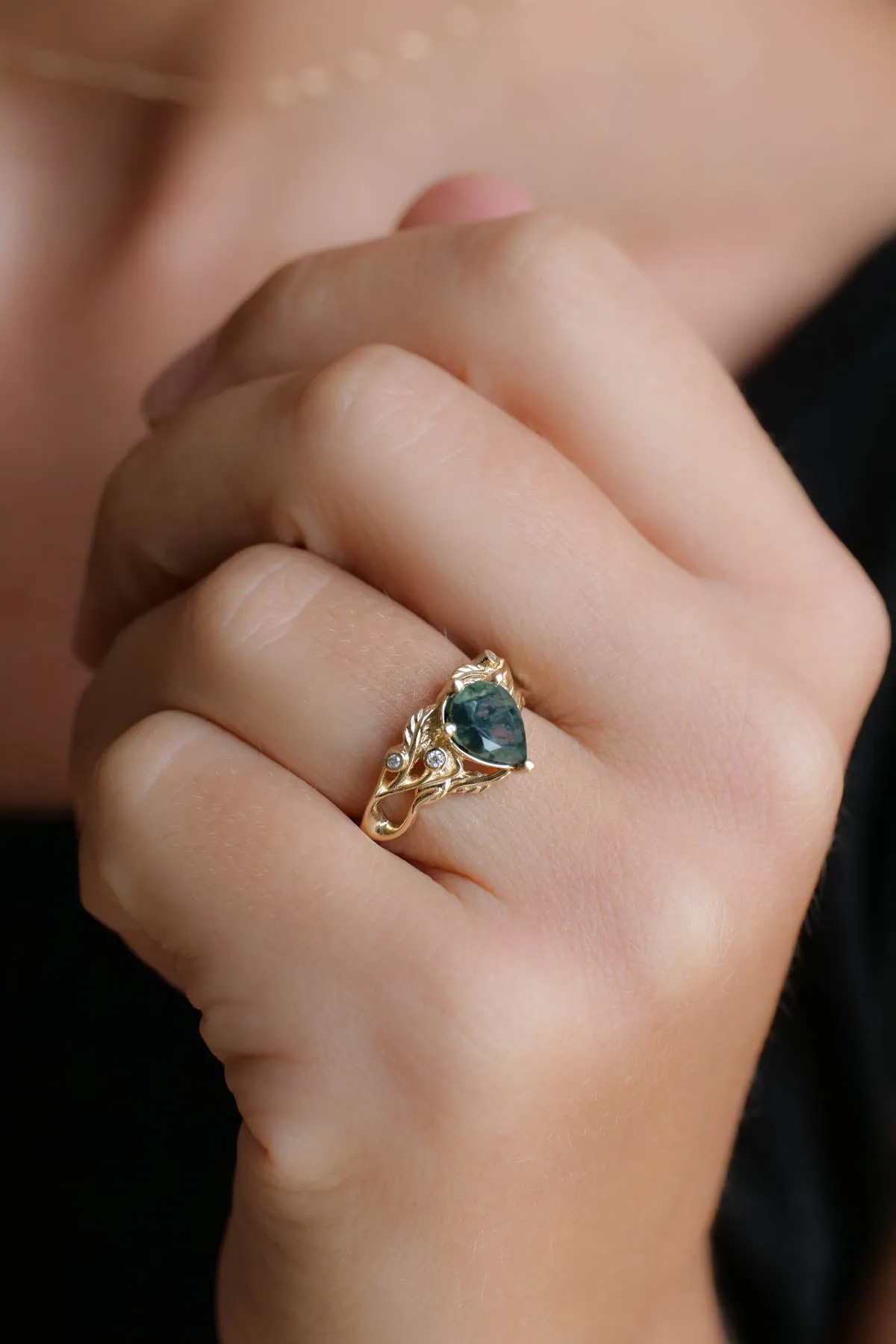 READY TO SHIP: Callisto in 14K yellow gold, pear moss agate 8x6 mm, moissanites, RING SIZE 5.75 US