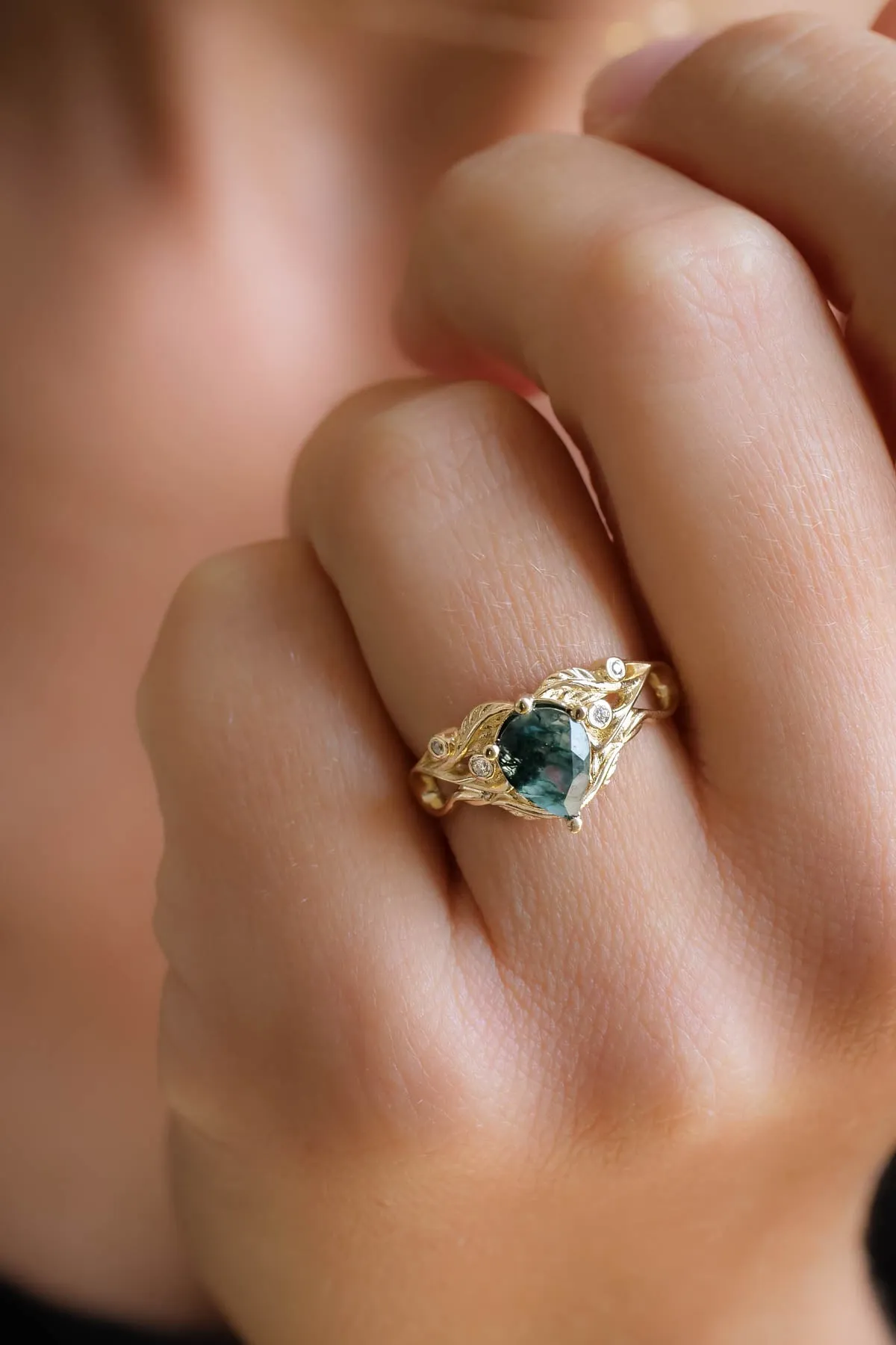 READY TO SHIP: Callisto in 14K yellow gold, pear moss agate 8x6 mm, moissanites, RING SIZE 5.75 US
