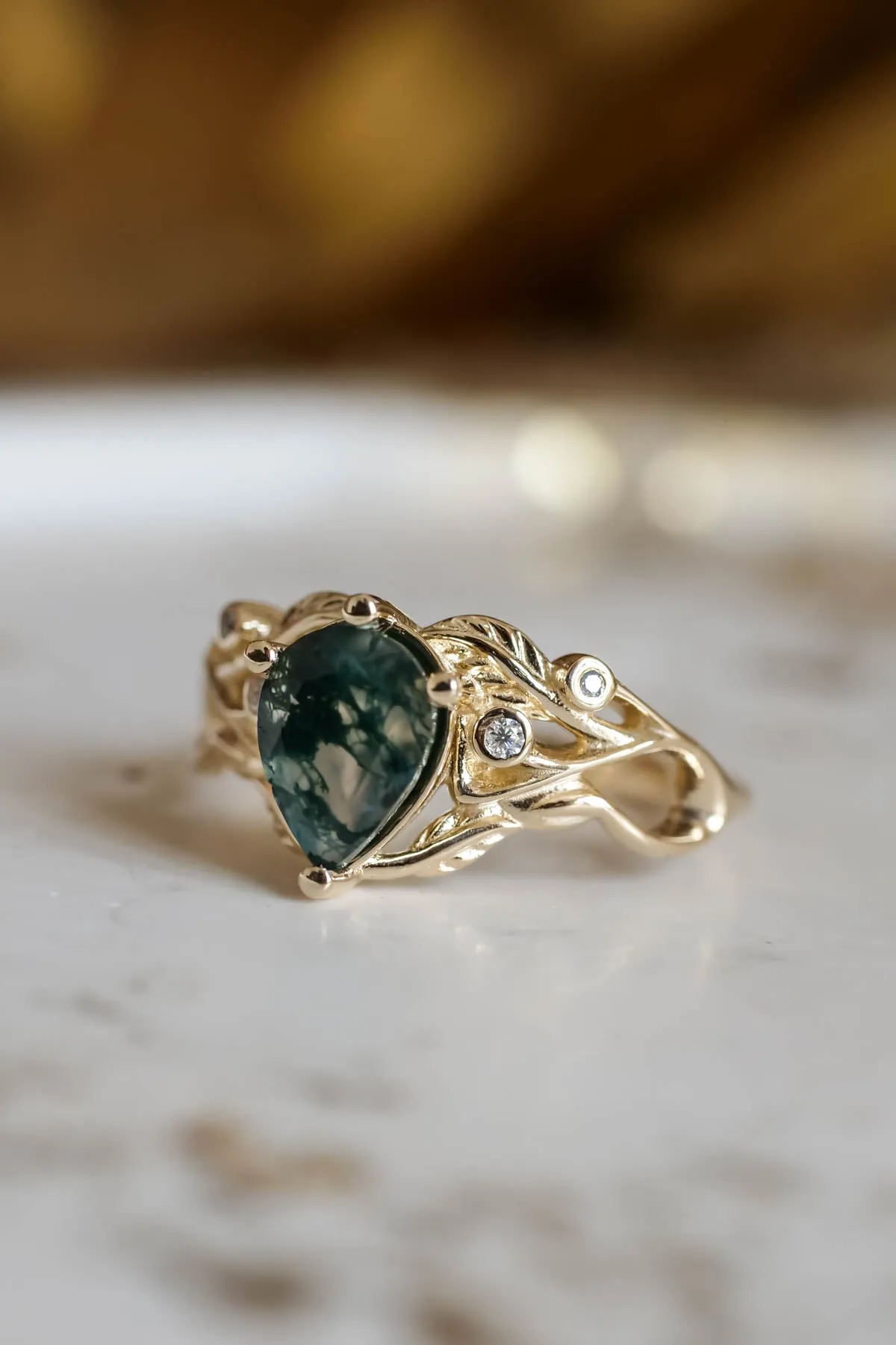 READY TO SHIP: Callisto in 14K yellow gold, pear moss agate 8x6 mm, moissanites, RING SIZE 5.75 US