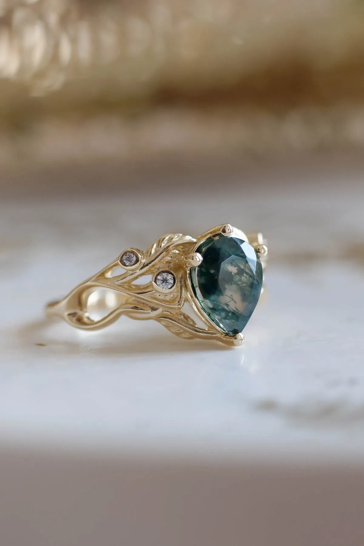 READY TO SHIP: Callisto in 14K yellow gold, pear moss agate 8x6 mm, moissanites, RING SIZE 5.75 US