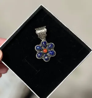 Sterling Silver Lapis and Coral Daisy Pendant  - 1 inch